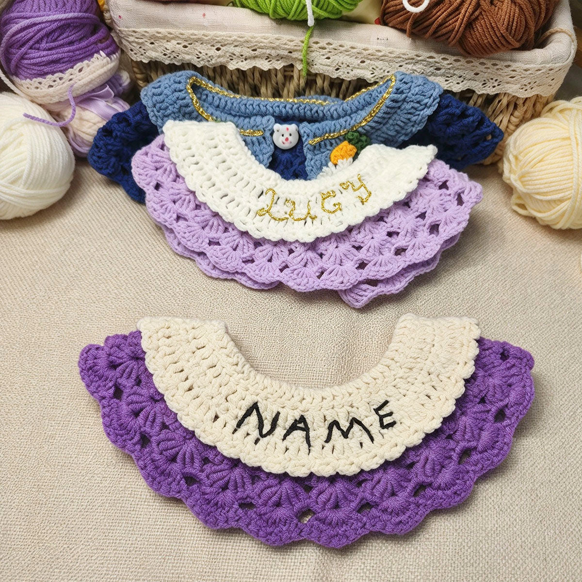 Personalized Hand Crochet Pet Neckwear, Custom Name Stitched Collar & Bib for Furry Friends