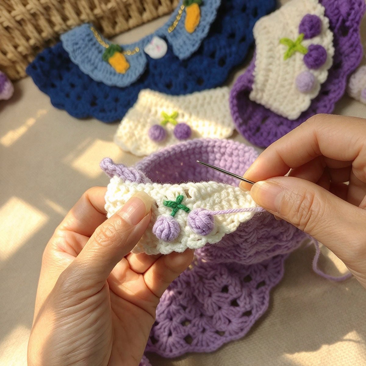 Personalized Hand Crochet Pet Neckwear, Custom Name Stitched Collar & Bib for Furry Friends