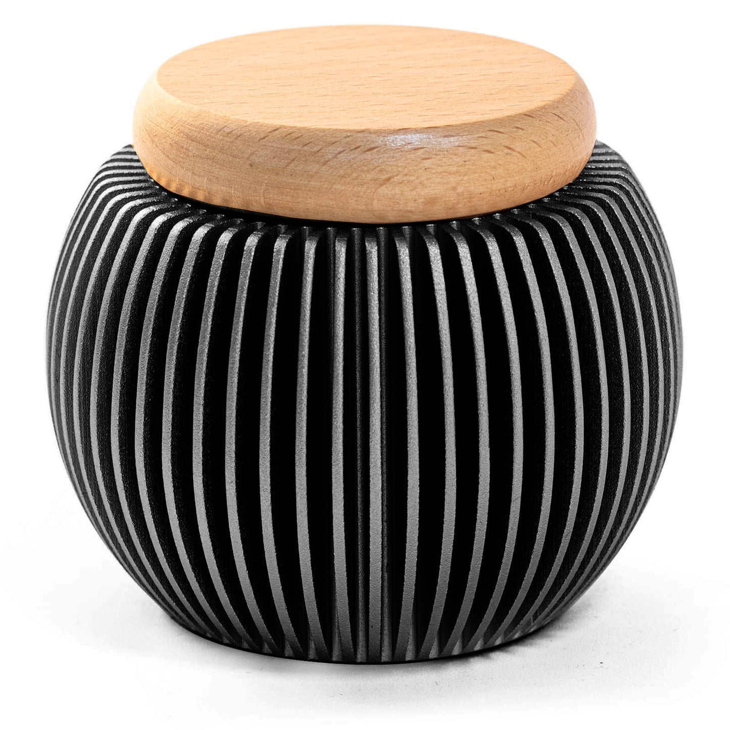 Dark gray egg-shaped keepsake urn – anodized aluminum with vertical stripe pattern and natural beech wood lid