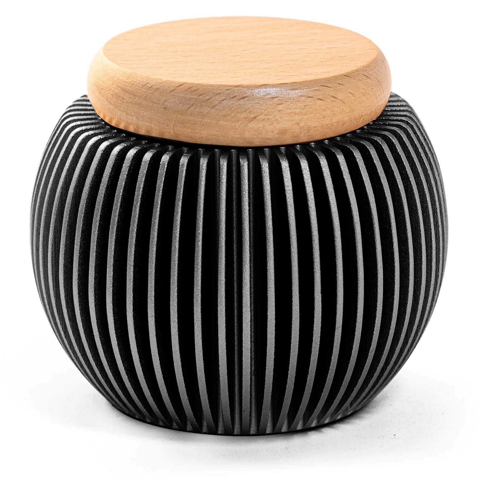 Dark gray egg-shaped keepsake urn – anodized aluminum with vertical stripe pattern and natural beech wood lid