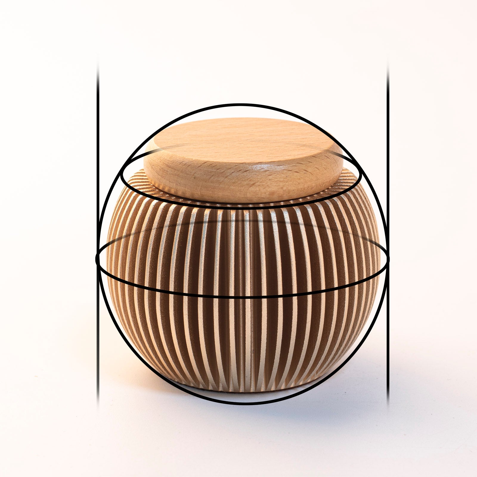 Egg-shaped keepsake urn design concept – golden ratio proportions on aluminum and beech wood memorial urn