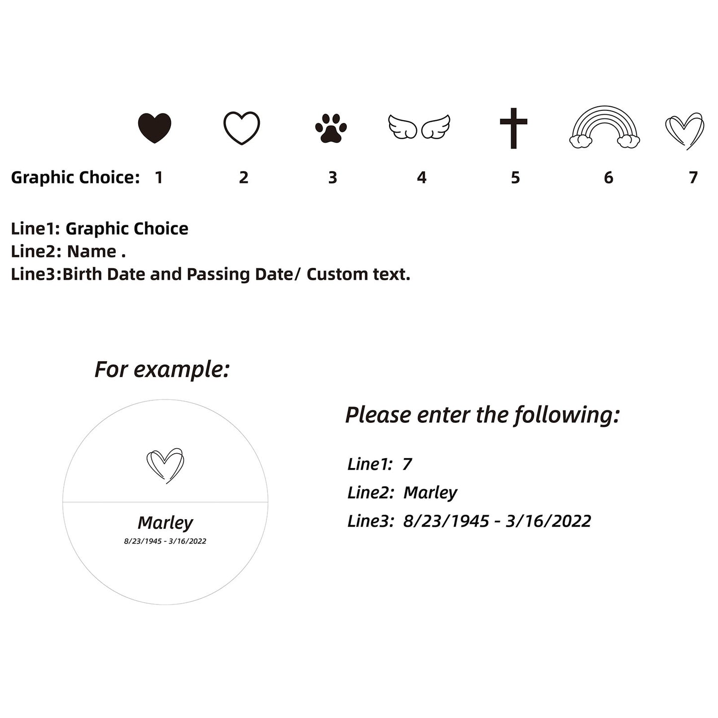 Custom engraving options for keepsake urn – choose from 7 graphics (heart, outline heart, paw print, wings, cross, rainbow, double heart) plus 3 lines for name and date personalization