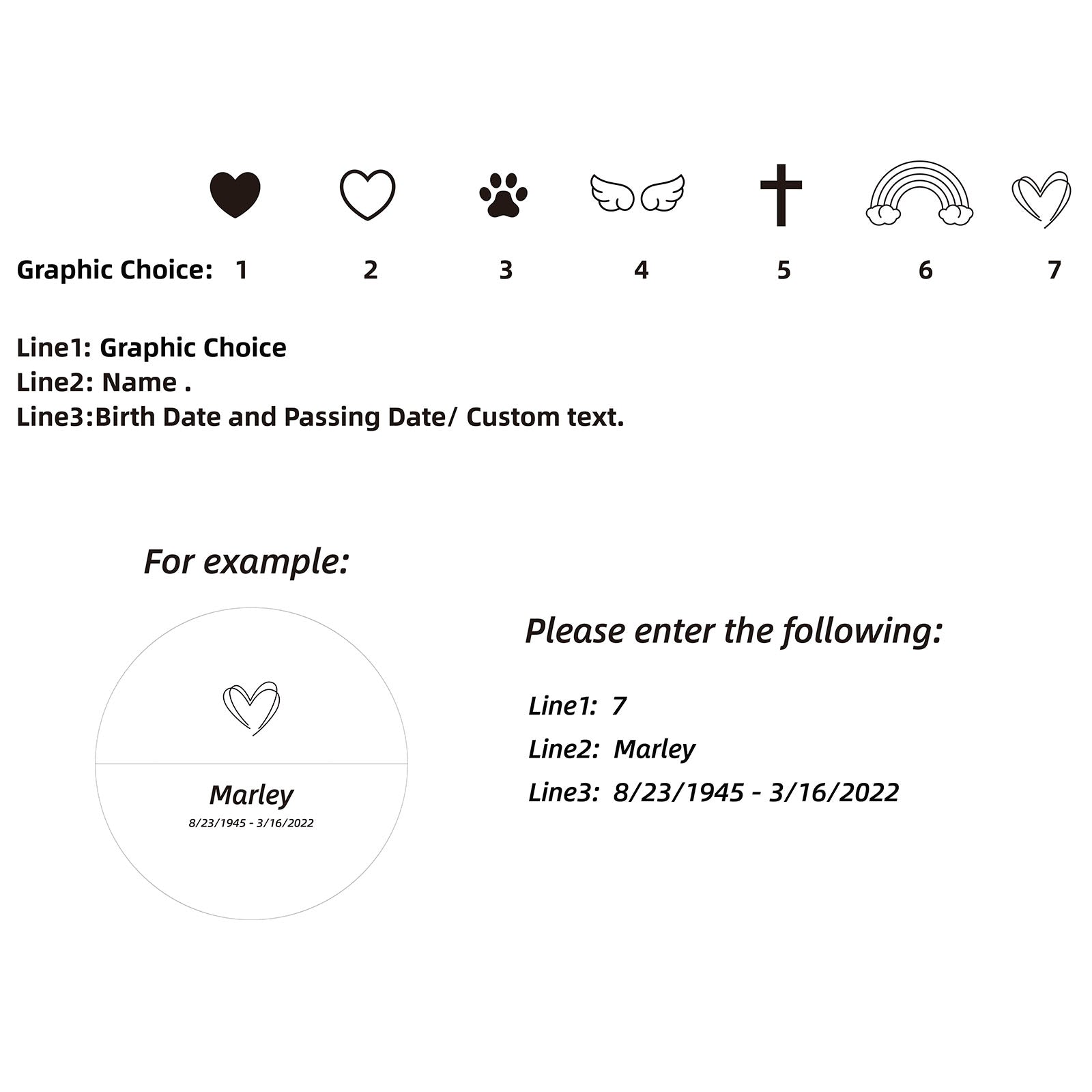 Custom engraving options for keepsake urn – choose from 7 graphics (heart, outline heart, paw print, wings, cross, rainbow, double heart) plus 3 lines for name and date personalization