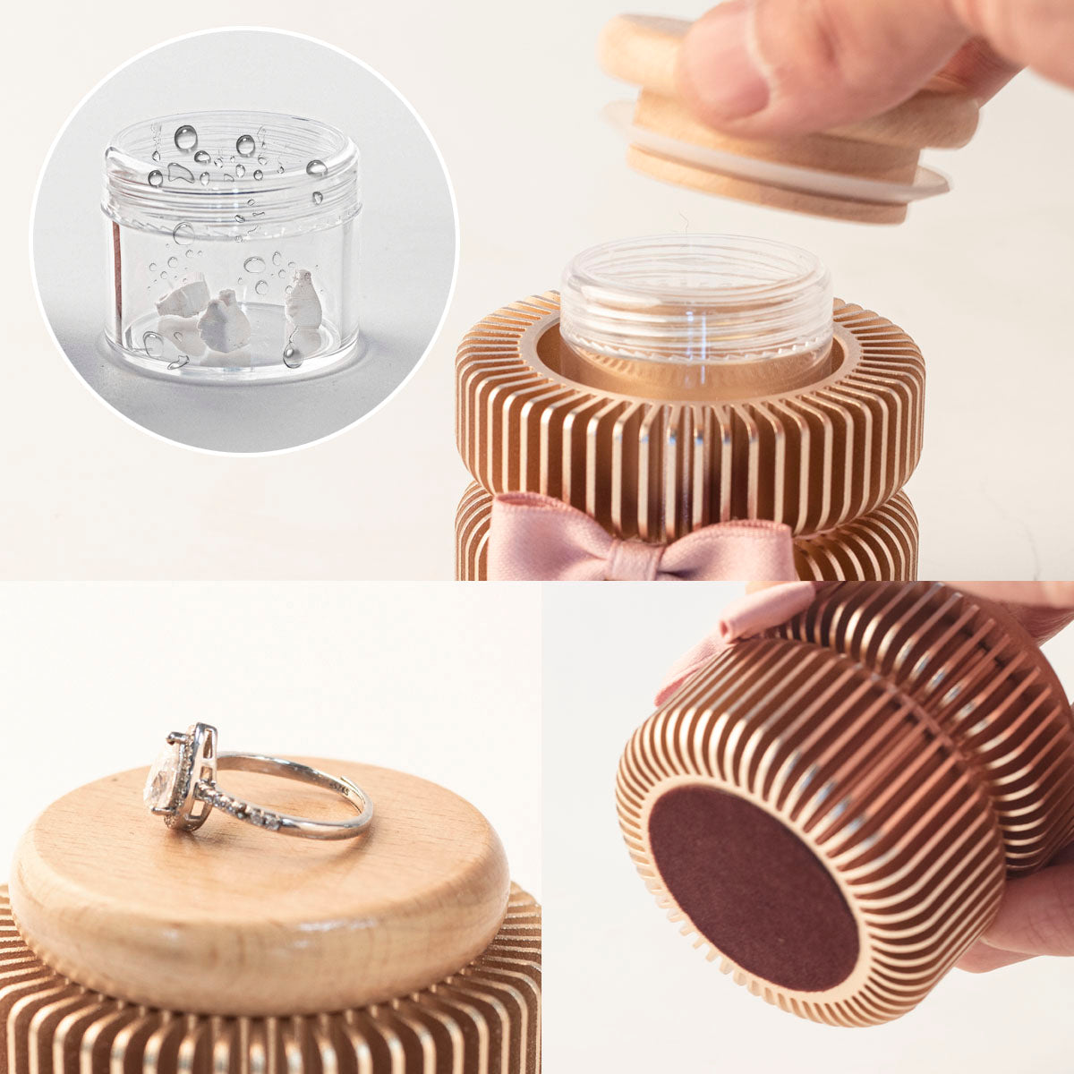 Keepsake urn detail collage – silicone seal ring, waterproof inner acrylic container with screw cap, beech wood lid holds ring, velvet-lined base protects surfaces from scratches