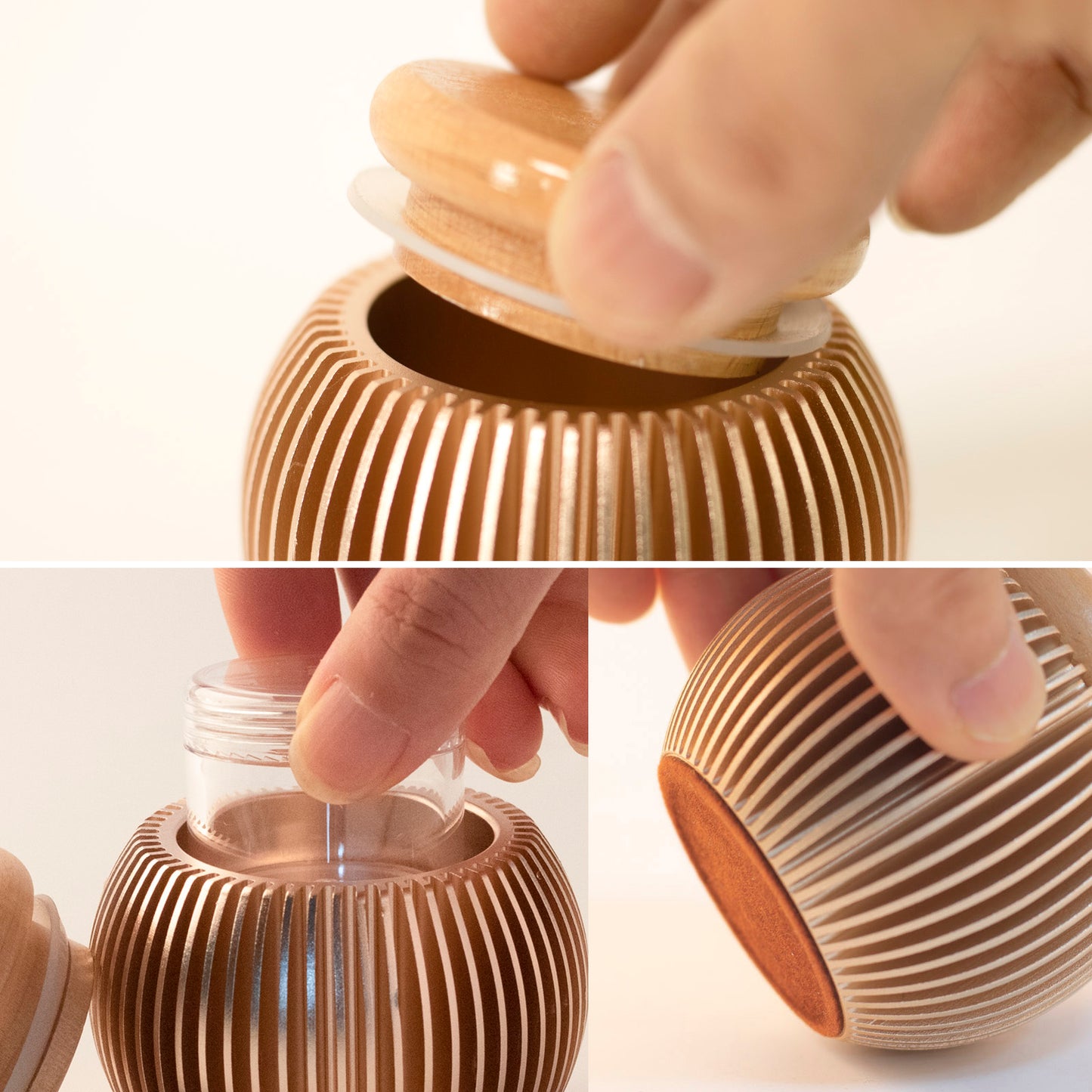 Keepsake urn detail – rubber sealing ring on beech wood lid, acrylic inner container for moisture-proof, velvet base to protect surfaces