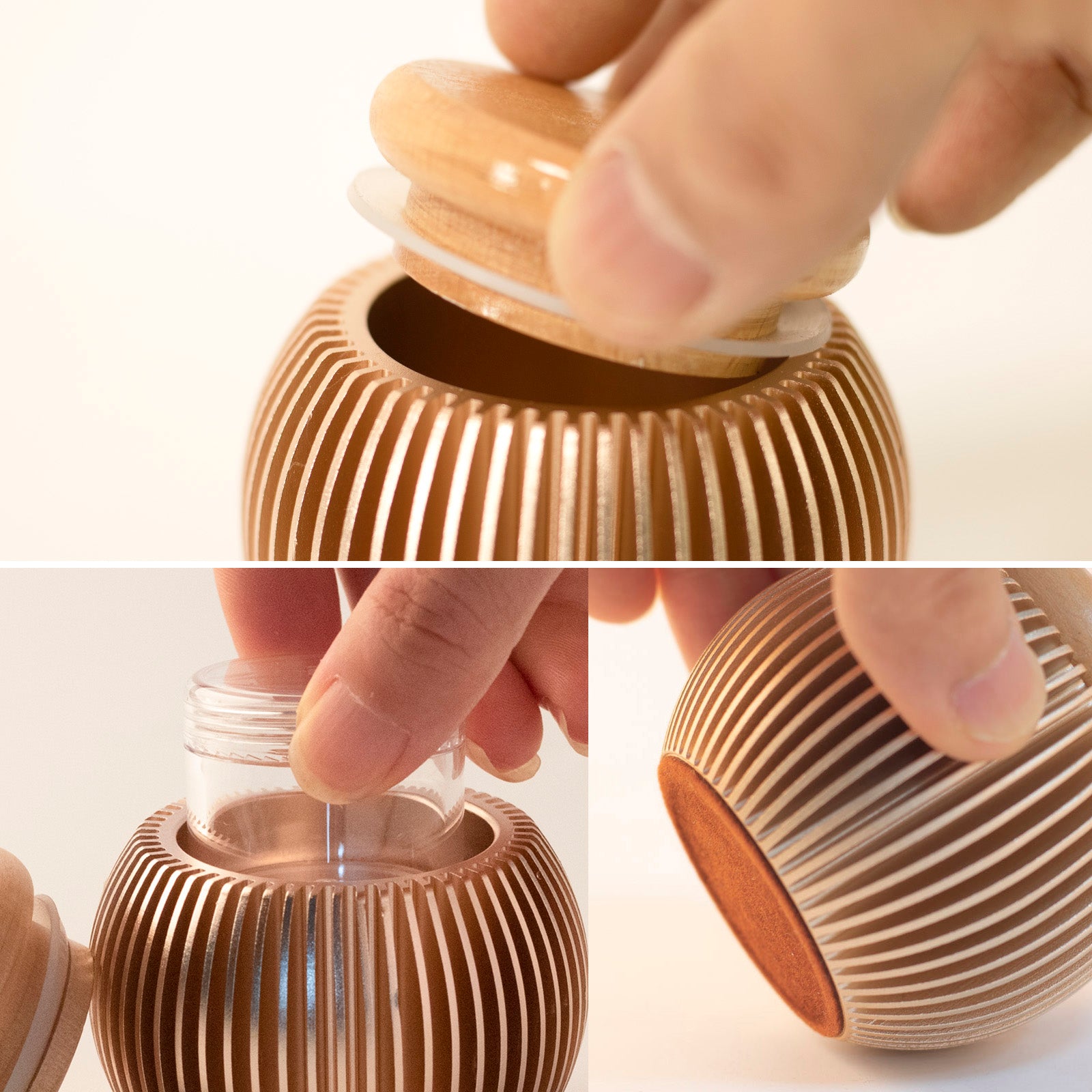 Keepsake urn detail – rubber sealing ring on beech wood lid, acrylic inner container for moisture-proof, velvet base to protect surfaces