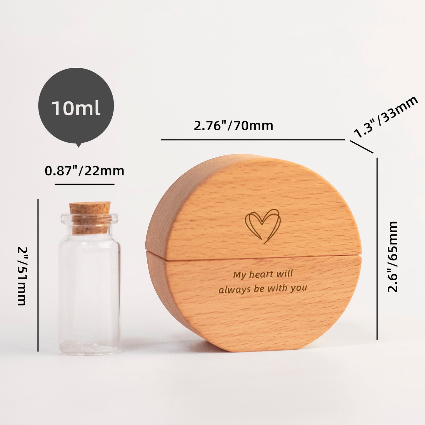 Round wooden urn dimensions – 2.76" diameter × 2.6" tall, includes 10ml glass vial (2" × 0.87"), compact mini size for keepsake ashes