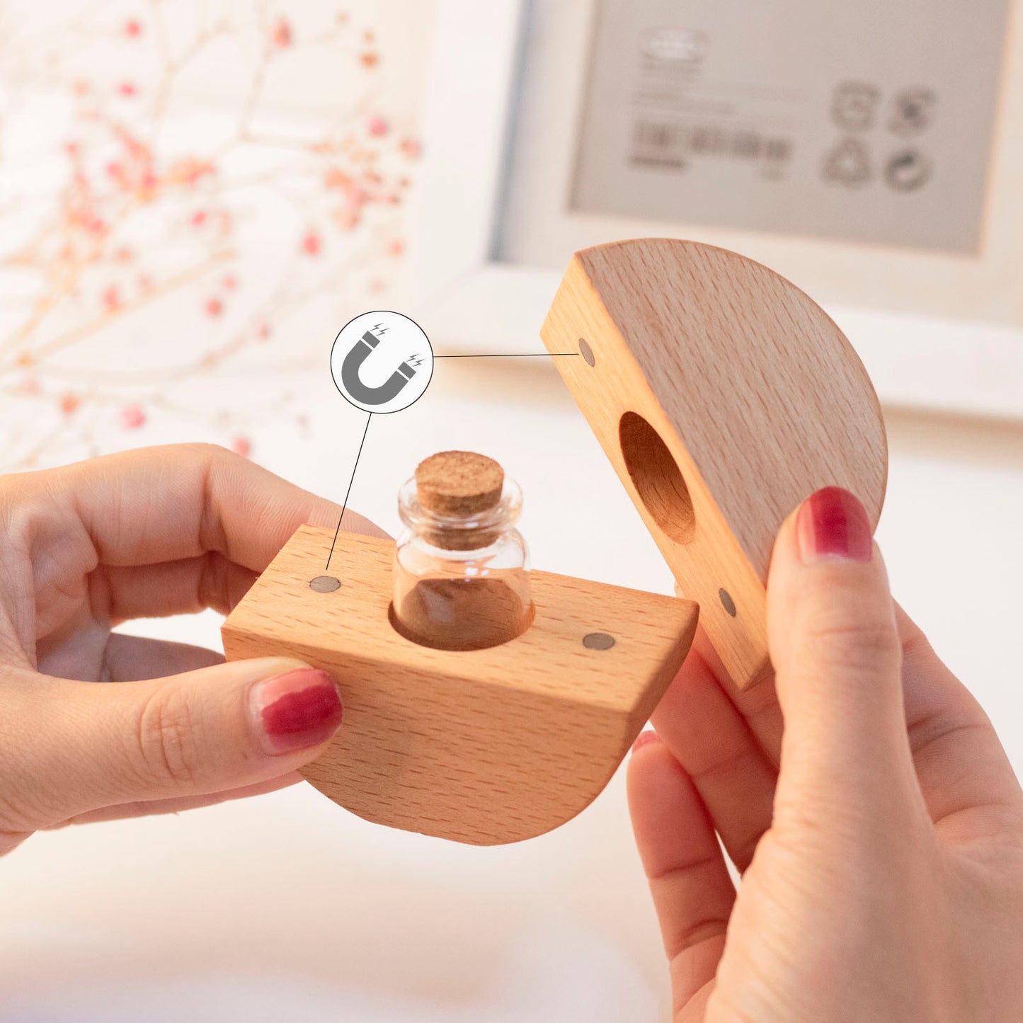 Round wooden keepsake urn opened showing magnetic closure – two halves snap with hidden magnets, holds small glass vial with natural cork stopper for sealed ashes storage