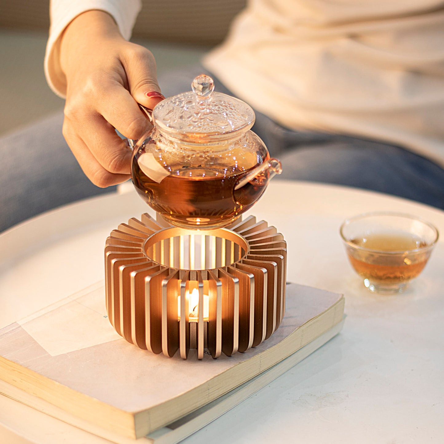 Universal Teapot Warmer - Beautiful Aluminum alloy Warmers|Tea Pot Heater in Frosted Gold with Ornate Design.