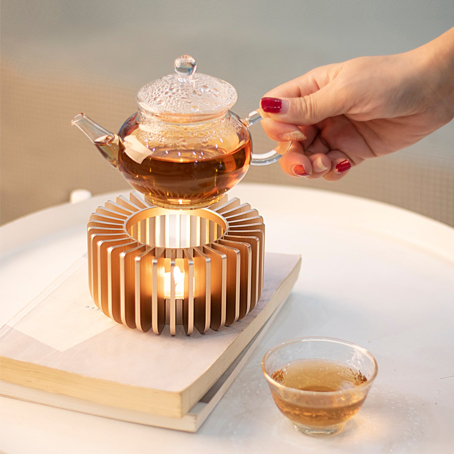 Universal Teapot Warmer - Beautiful Aluminum alloy Warmers|Tea Pot Heater in Frosted Gold with Ornate Design.