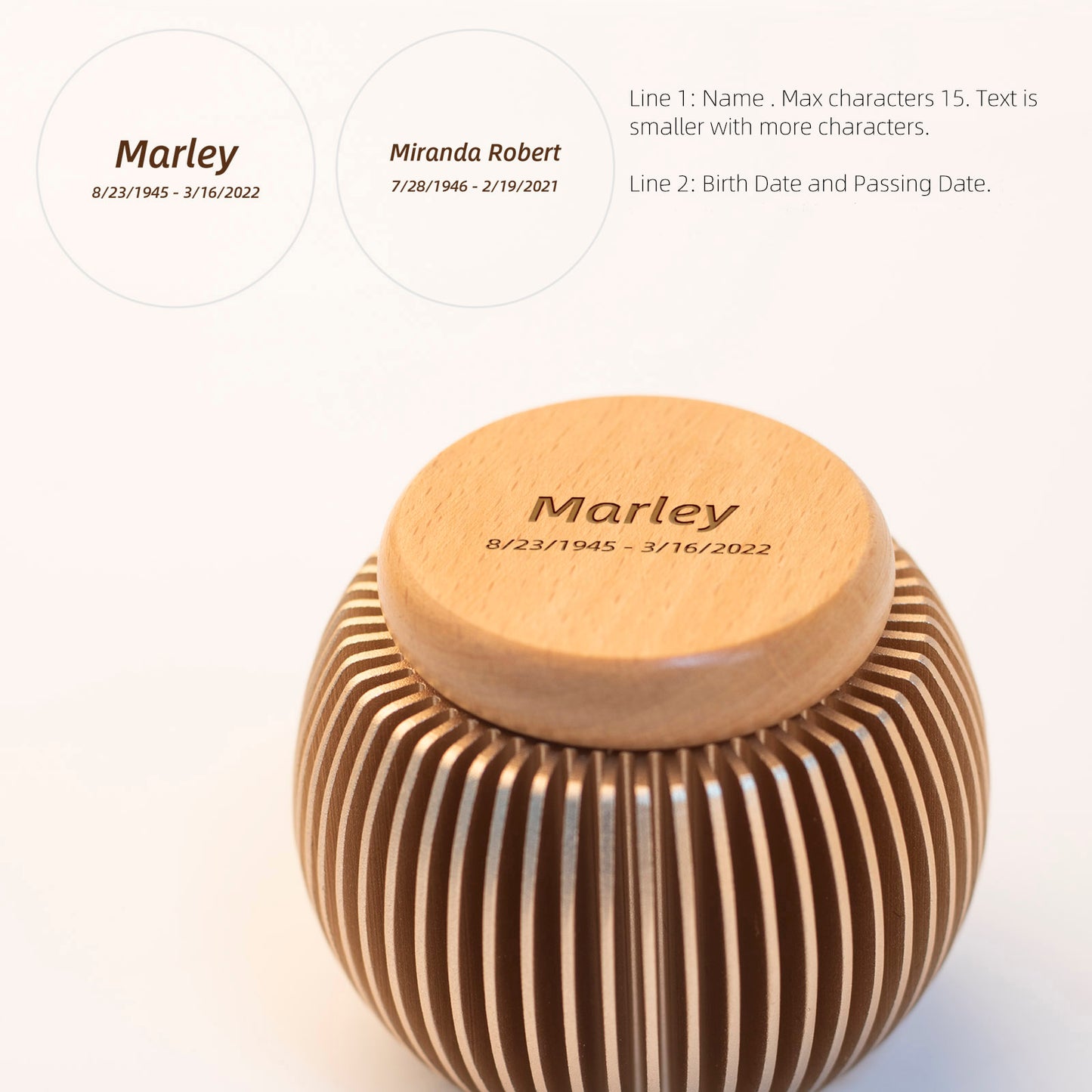 Custom engraved keepsake urn with name and dates on beech wood lid – rose gold aluminum egg-shaped memorial urn