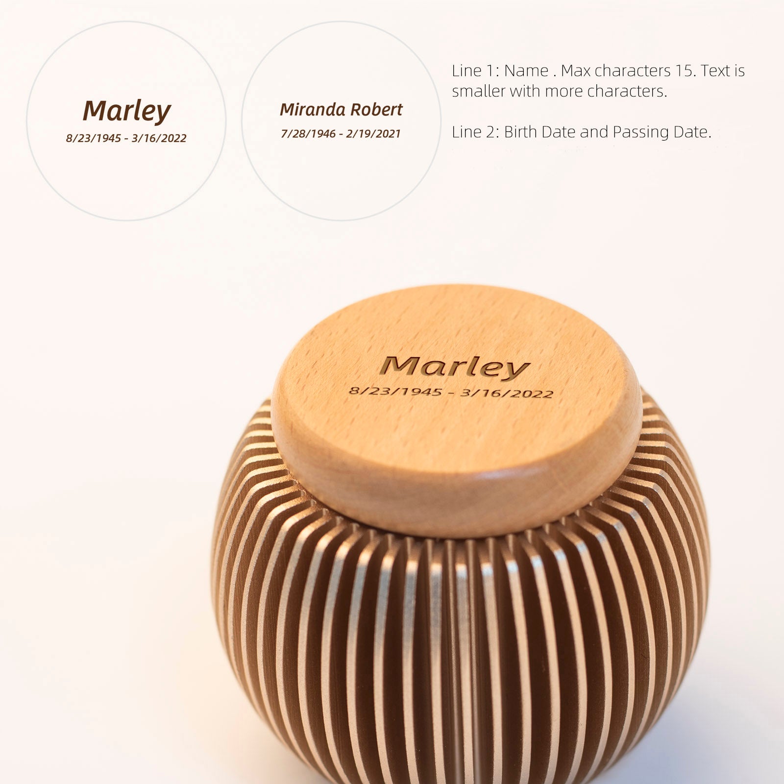 Custom engraved keepsake urn with name and dates on beech wood lid – rose gold aluminum egg-shaped memorial urn